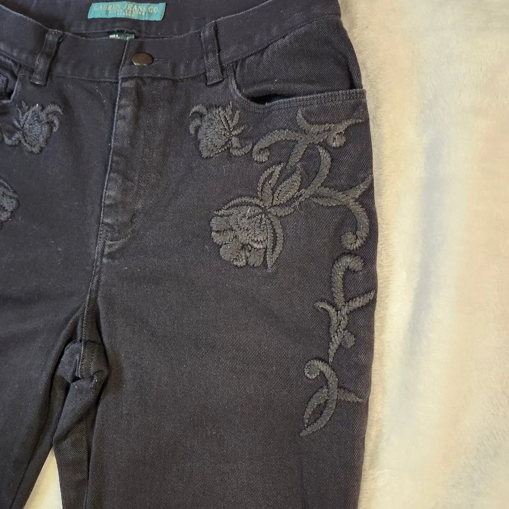 Lauren Ralph Lauren Jeans Women 8 Black Excellent Floral‎ Embroidered Bootcut